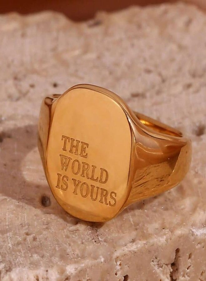 BlingNook Chunky Gold Rings For Women, The World Is Yours Lettering Stainless Steel Engraving Non Tarnish Stackable Engagement Statement Trendy Birthday Jewelry Gift (Gold Lettering, 7) - Image 3